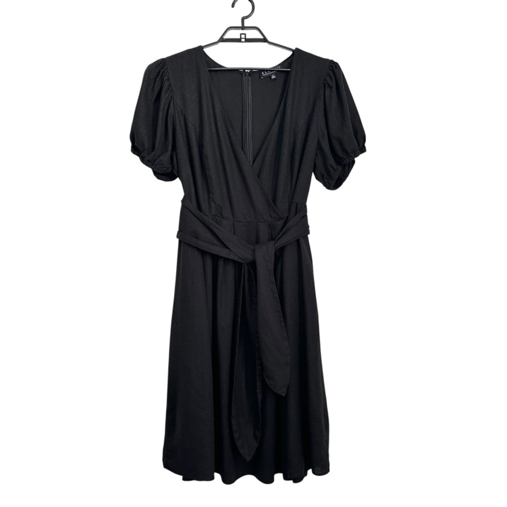 Eloquii Womens Faux Wrap Linen Blend Tie Waist Dress Sz 18 Black Short Sleeve